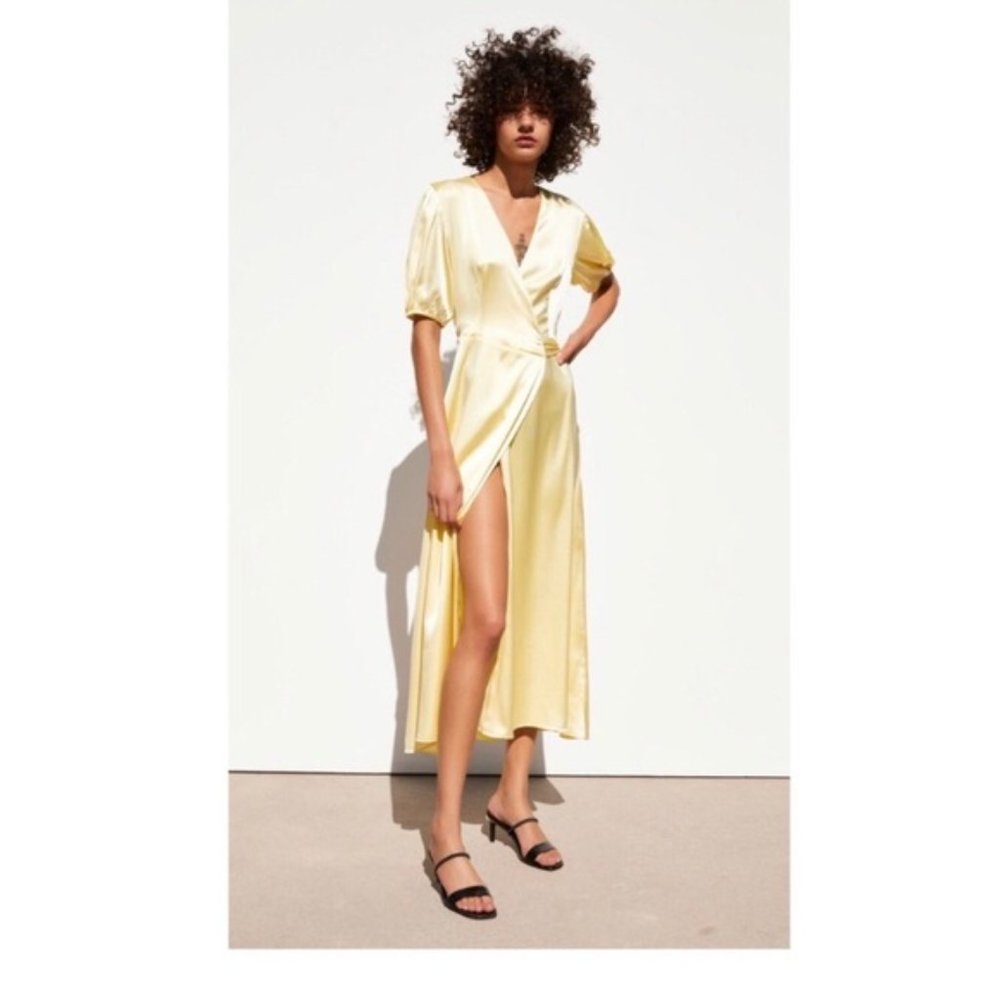 ZARA Yellow Satin Puff Sleeve Wrap Dress Sz XS